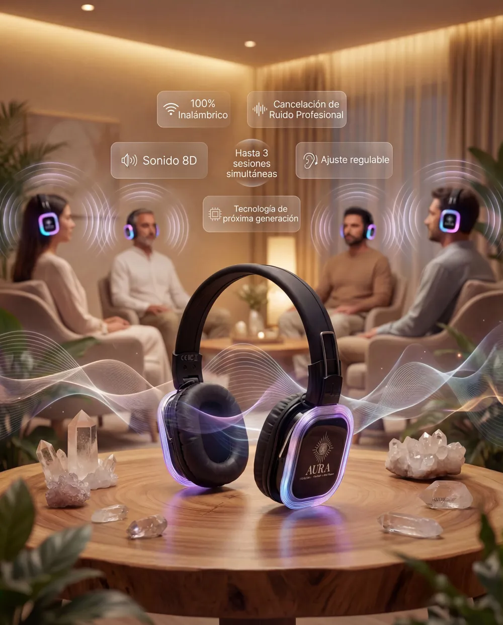 Auriculares Aura sobre una mesa de madera con cristales, y un grupo de personas en sesión con auriculares al fondo