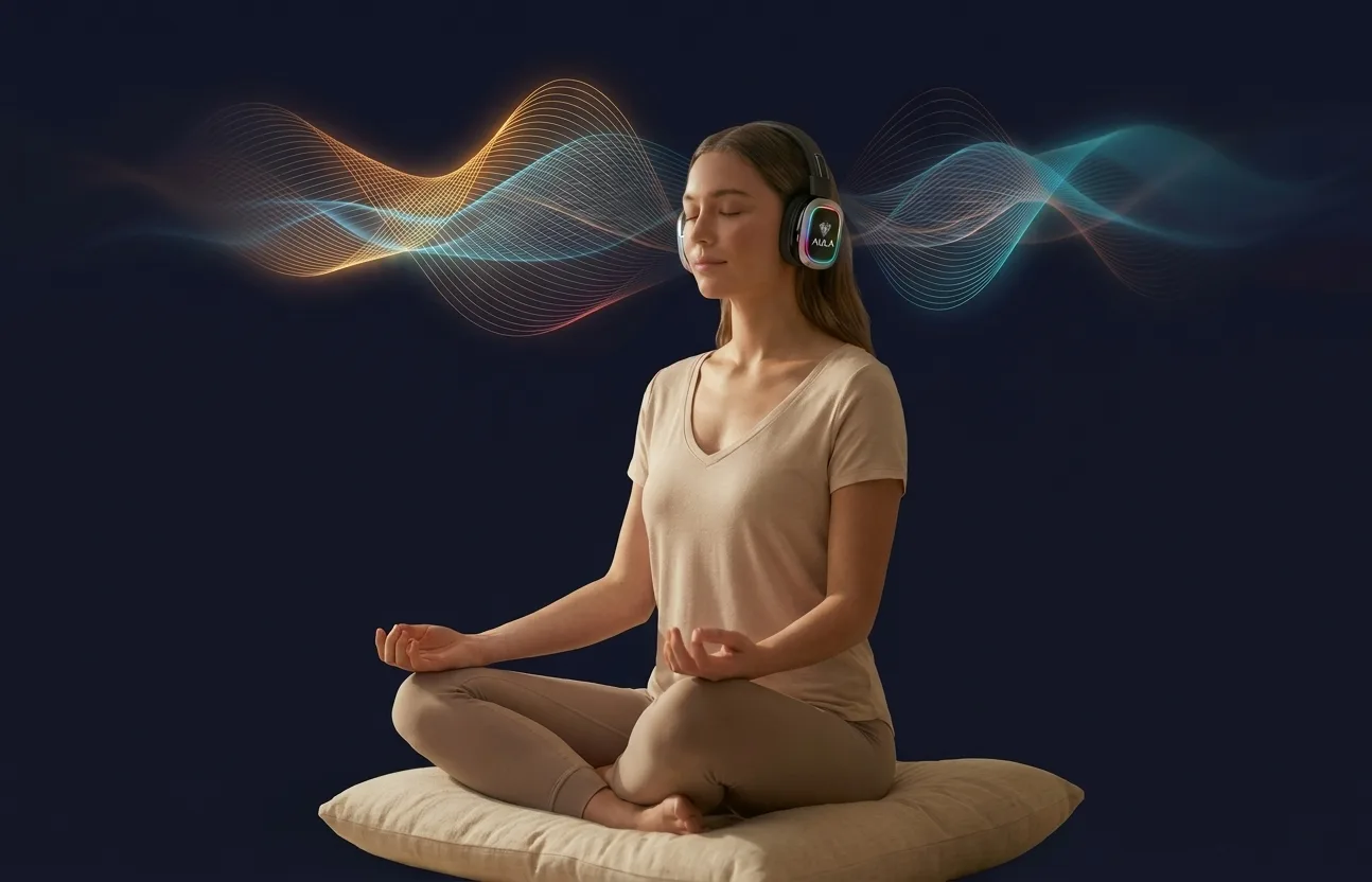 Mujer meditando con auriculares Aura entre ondas de sonido de colores